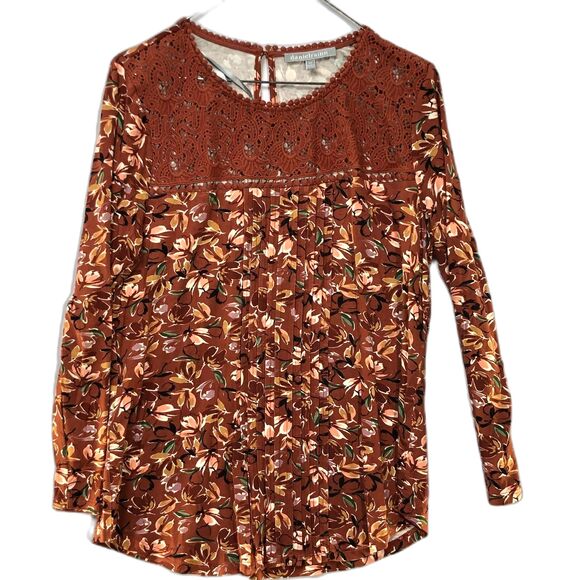 Anthropologie Daniel Rainn Darrel Crochet Yoke Knit Floral Print Top Petite M - Picture 2 of 9